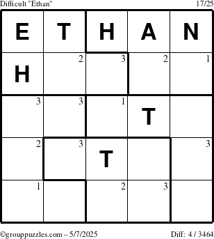 The grouppuzzles.com Difficult Ethan puzzle for Wednesday May 7, 2025 with the first 3 steps marked
