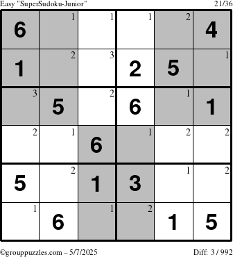 The grouppuzzles.com Easy SuperSudoku-Junior puzzle for Wednesday May 7, 2025 with the first 3 steps marked