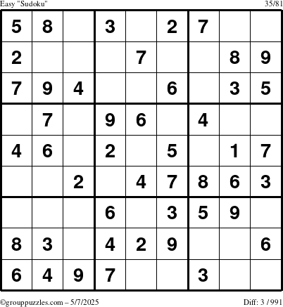 The grouppuzzles.com Easy Sudoku puzzle for Wednesday May 7, 2025