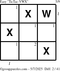 The grouppuzzles.com Easy TicTac-VWX puzzle for Wednesday May 7, 2025 with all 2 steps marked
