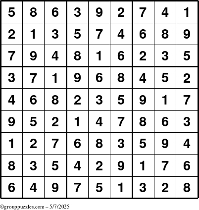 The grouppuzzles.com Answer grid for the Sudoku puzzle for Wednesday May 7, 2025
