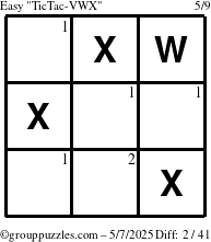 The grouppuzzles.com Easy TicTac-VWX puzzle for Wednesday May 7, 2025 with the first 2 steps marked