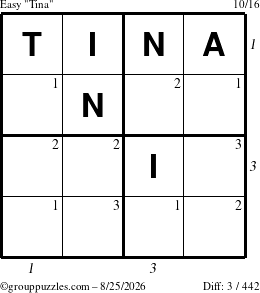 The grouppuzzles.com Easy Tina puzzle for Tuesday August 25, 2026 with all 3 steps marked