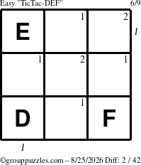The grouppuzzles.com Easy TicTac-DEF puzzle for Tuesday August 25, 2026 with all 2 steps marked