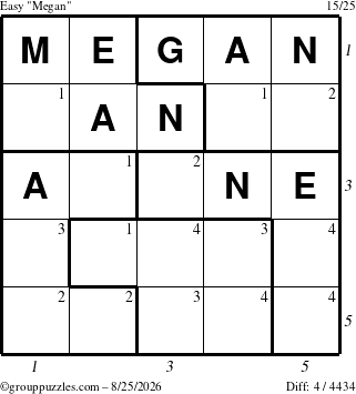 The grouppuzzles.com Easy Megan puzzle for Tuesday August 25, 2026, suitable for printing, with all 4 steps marked