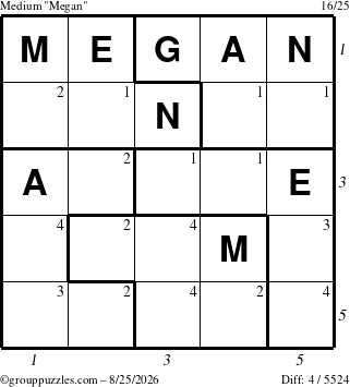 The grouppuzzles.com Medium Megan puzzle for Tuesday August 25, 2026 with all 4 steps marked