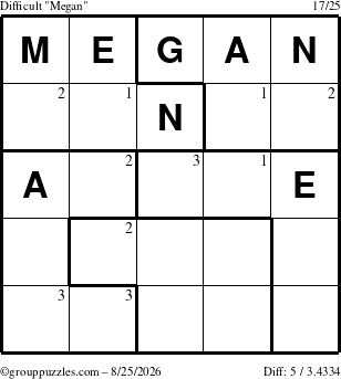 The grouppuzzles.com Difficult Megan puzzle for Tuesday August 25, 2026 with the first 3 steps marked