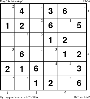 The grouppuzzles.com Easy Sudoku-6up puzzle for Tuesday August 25, 2026 with all 4 steps marked