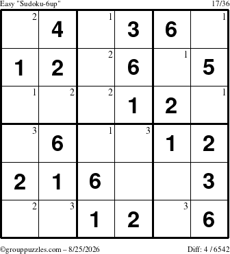 The grouppuzzles.com Easy Sudoku-6up puzzle for Tuesday August 25, 2026 with the first 3 steps marked