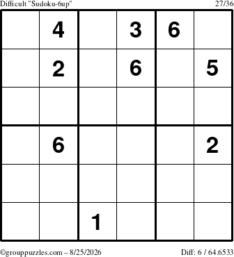 The grouppuzzles.com Difficult Sudoku-6up puzzle for Tuesday August 25, 2026