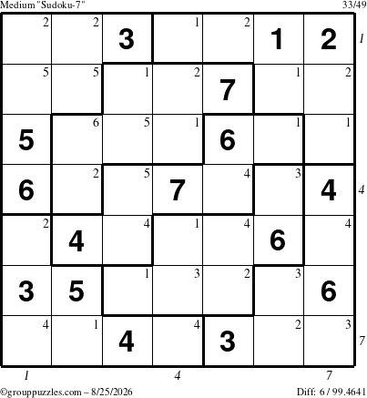 The grouppuzzles.com Medium Sudoku-7 puzzle for Tuesday August 25, 2026, suitable for printing, with all 6 steps marked