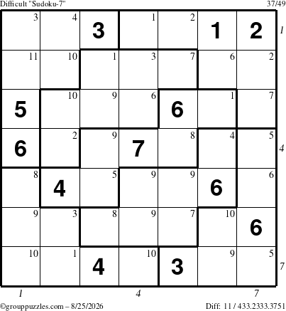 The grouppuzzles.com Difficult Sudoku-7 puzzle for Tuesday August 25, 2026, suitable for printing, with all 11 steps marked