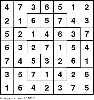 The grouppuzzles.com Answer grid for the Sudoku-7 puzzle for Tuesday August 25, 2026