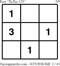 The grouppuzzles.com Easy TicTac-123 puzzle for Tuesday August 25, 2026