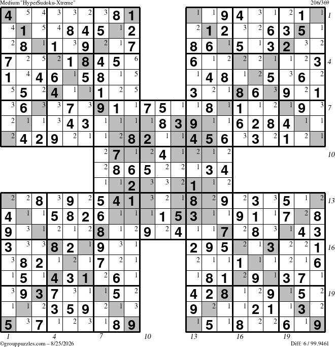 The grouppuzzles.com Medium HyperSudoku-Xtreme puzzle for Tuesday August 25, 2026, suitable for printing, with all 6 steps marked