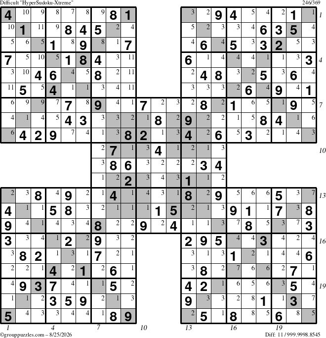 The grouppuzzles.com Difficult HyperSudoku-Xtreme puzzle for Tuesday August 25, 2026 with all 11 steps marked