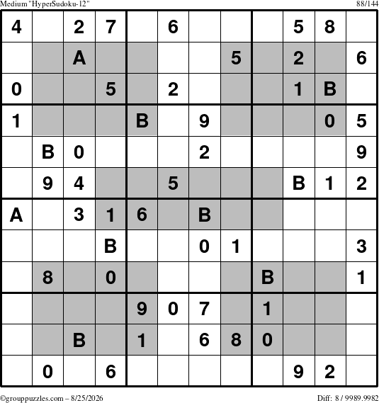 The grouppuzzles.com Medium HyperSudoku-12 puzzle for Tuesday August 25, 2026