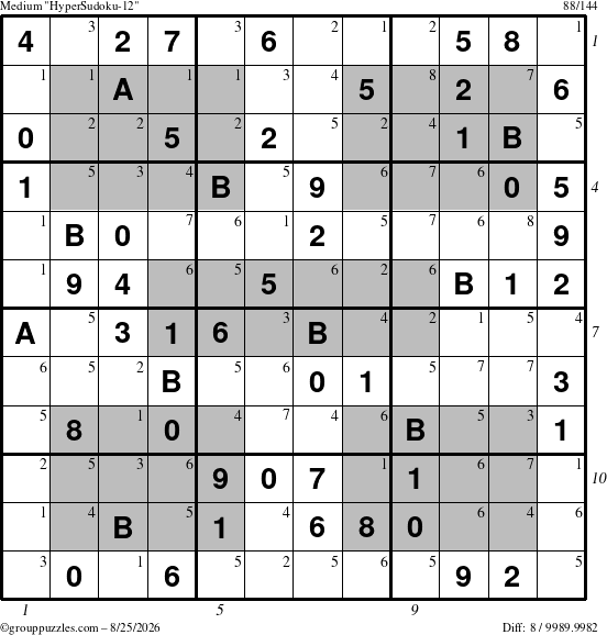 The grouppuzzles.com Medium HyperSudoku-12 puzzle for Tuesday August 25, 2026 with all 8 steps marked