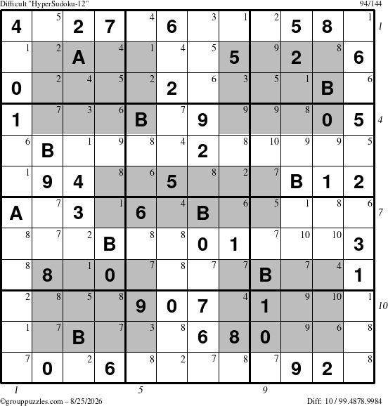 The grouppuzzles.com Difficult HyperSudoku-12 puzzle for Tuesday August 25, 2026 with all 10 steps marked