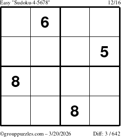 The grouppuzzles.com Easy Sudoku-4-5678 puzzle for Friday March 20, 2026