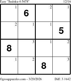 The grouppuzzles.com Easy Sudoku-4-5678 puzzle for Friday March 20, 2026 with the first 3 steps marked
