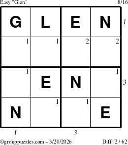 The grouppuzzles.com Easy Glen puzzle for Friday March 20, 2026 with all 2 steps marked