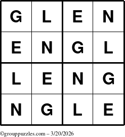 The grouppuzzles.com Answer grid for the Glen puzzle for Friday March 20, 2026