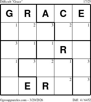 The grouppuzzles.com Difficult Grace puzzle for Friday March 20, 2026 with the first 3 steps marked