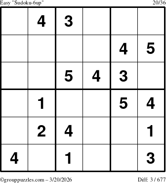 The grouppuzzles.com Easy Sudoku-6up puzzle for Friday March 20, 2026