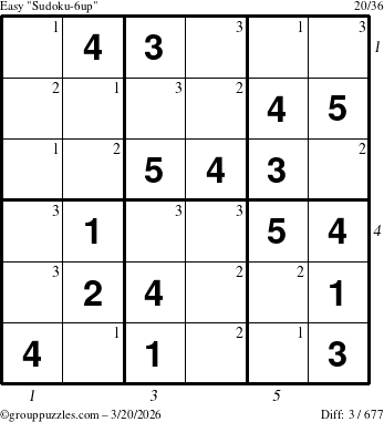 The grouppuzzles.com Easy Sudoku-6up puzzle for Friday March 20, 2026, suitable for printing, with all 3 steps marked