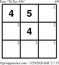 The grouppuzzles.com Easy TicTac-456 puzzle for Friday March 20, 2026 with the first 2 steps marked