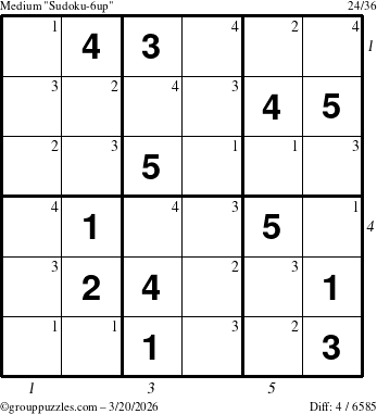 The grouppuzzles.com Medium Sudoku-6up puzzle for Friday March 20, 2026, suitable for printing, with all 4 steps marked