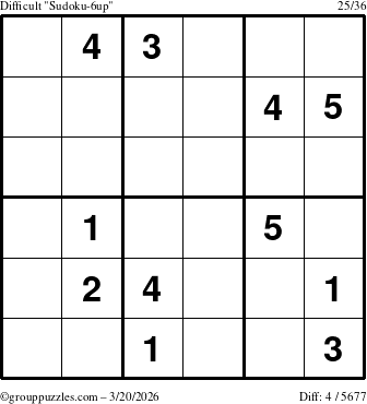 The grouppuzzles.com Difficult Sudoku-6up puzzle for Friday March 20, 2026