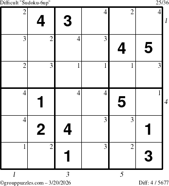 The grouppuzzles.com Difficult Sudoku-6up puzzle for Friday March 20, 2026 with all 4 steps marked