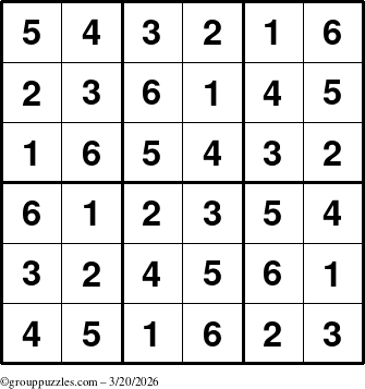 The grouppuzzles.com Answer grid for the Sudoku-6up puzzle for Friday March 20, 2026