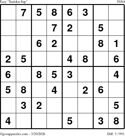 The grouppuzzles.com Easy Sudoku-8up puzzle for Friday March 20, 2026