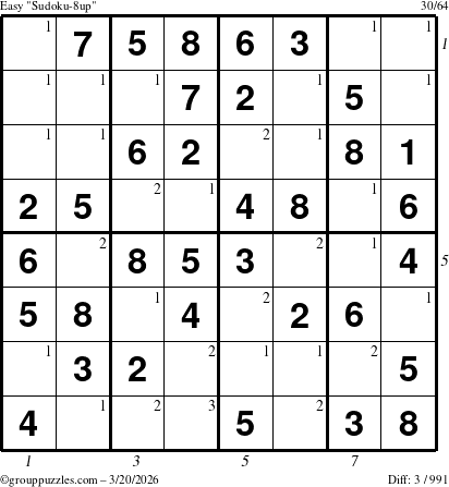 The grouppuzzles.com Easy Sudoku-8up puzzle for Friday March 20, 2026, suitable for printing, with all 3 steps marked