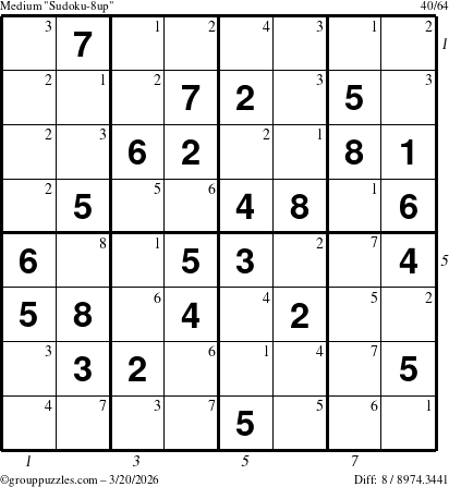 The grouppuzzles.com Medium Sudoku-8up puzzle for Friday March 20, 2026, suitable for printing, with all 8 steps marked