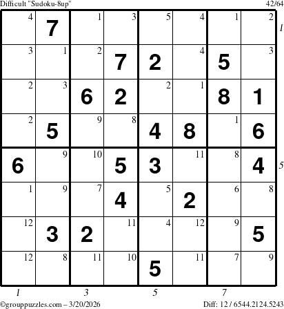 The grouppuzzles.com Difficult Sudoku-8up puzzle for Friday March 20, 2026, suitable for printing, with all 12 steps marked
