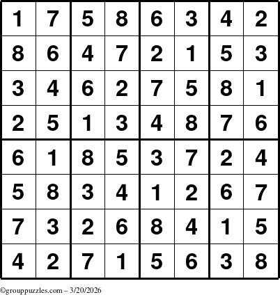 The grouppuzzles.com Answer grid for the Sudoku-8up puzzle for Friday March 20, 2026