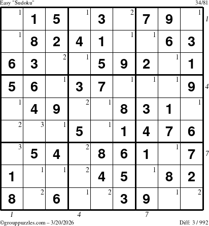 The grouppuzzles.com Easy Sudoku puzzle for Friday March 20, 2026 with all 3 steps marked