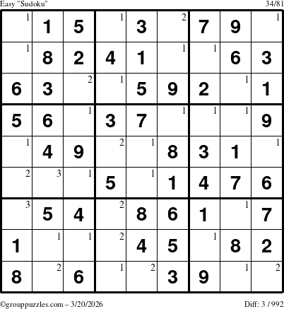 The grouppuzzles.com Easy Sudoku puzzle for Friday March 20, 2026 with the first 3 steps marked