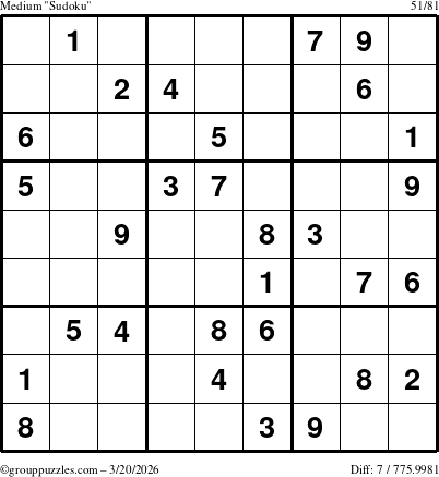 The grouppuzzles.com Medium Sudoku puzzle for Friday March 20, 2026