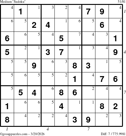 The grouppuzzles.com Medium Sudoku puzzle for Friday March 20, 2026, suitable for printing, with all 7 steps marked