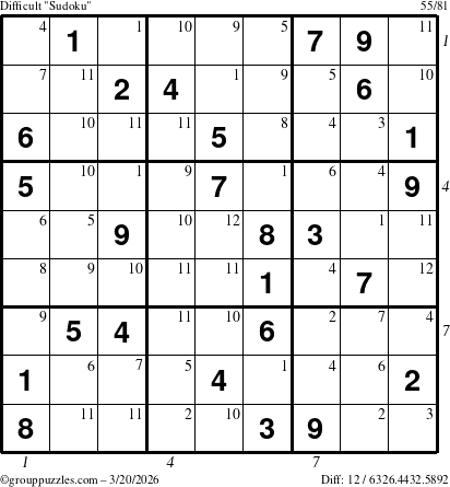 The grouppuzzles.com Difficult Sudoku puzzle for Friday March 20, 2026 with all 12 steps marked