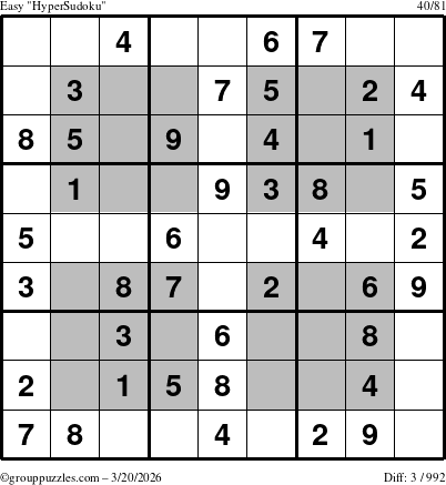 The grouppuzzles.com Easy HyperSudoku puzzle for Friday March 20, 2026
