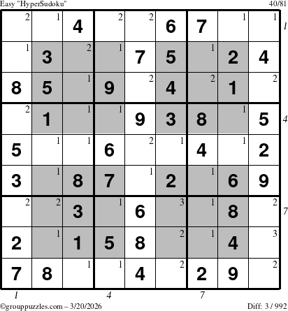 The grouppuzzles.com Easy HyperSudoku puzzle for Friday March 20, 2026 with all 3 steps marked