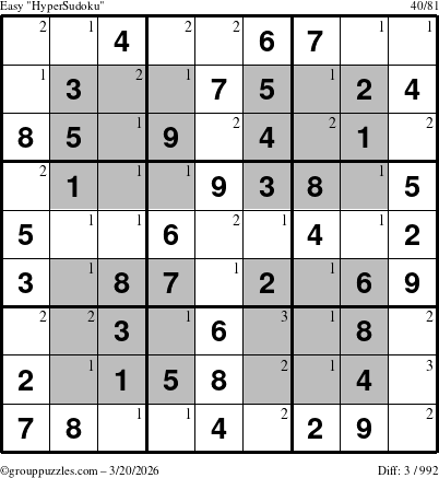 The grouppuzzles.com Easy HyperSudoku puzzle for Friday March 20, 2026 with the first 3 steps marked
