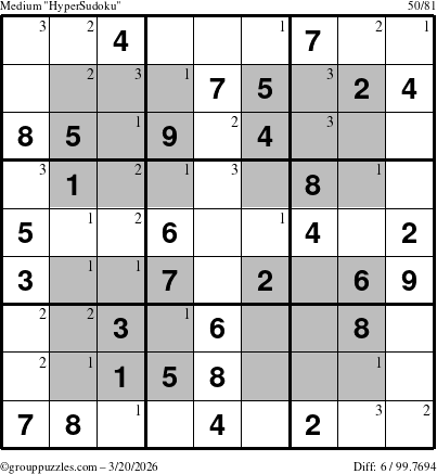 The grouppuzzles.com Medium HyperSudoku puzzle for Friday March 20, 2026 with the first 3 steps marked