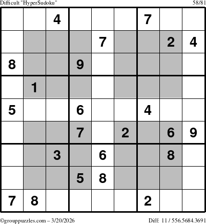 The grouppuzzles.com Difficult HyperSudoku puzzle for Friday March 20, 2026